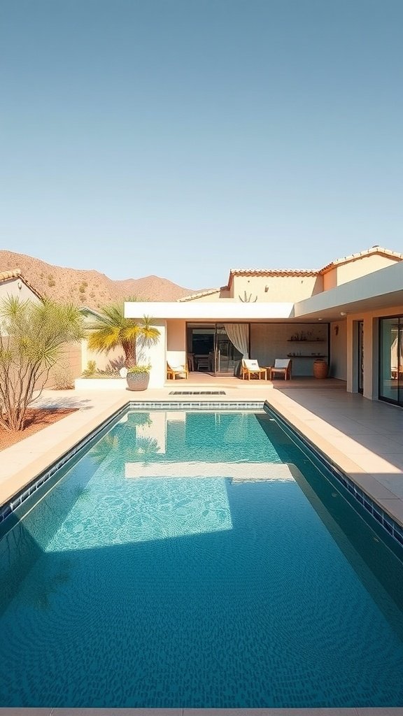 A modern desert house with a swimming pool surrounded by mountains and clear blue sky