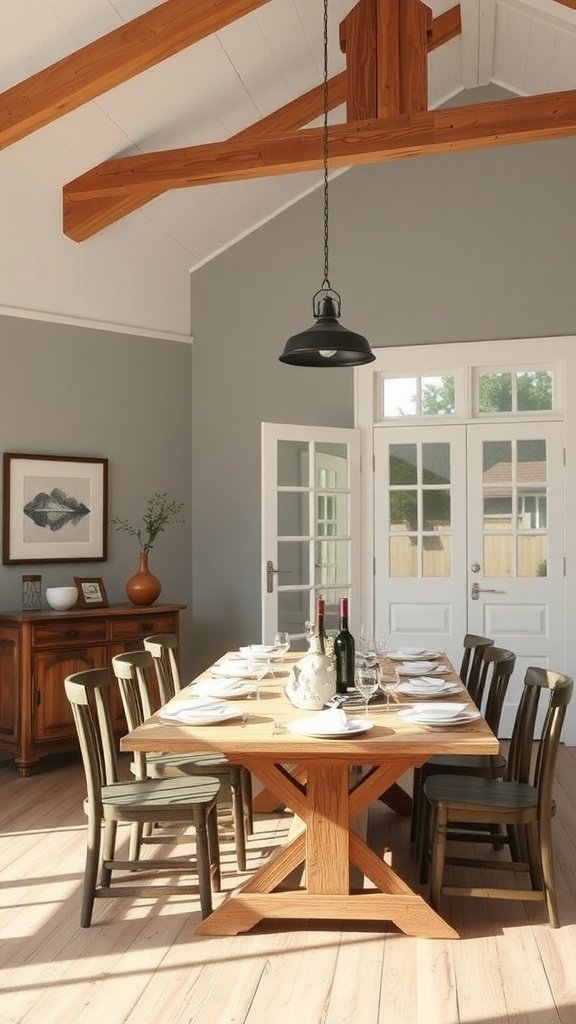 A beautifully renovated dining room with a large wooden table, mixed seating, and a bright, airy atmosphere.