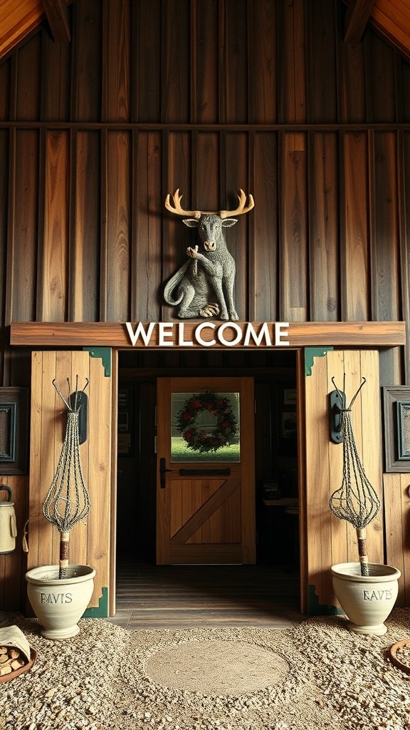 Entrance to a modern barn house showcasing a warm wooden facade, a moose sculpture, and a welcoming atmosphere.
