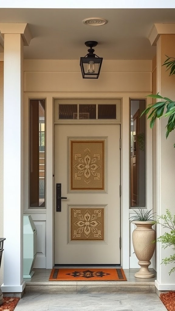 A stylish mid-century modern entryway featuring a decorative door, a lantern, and planters.