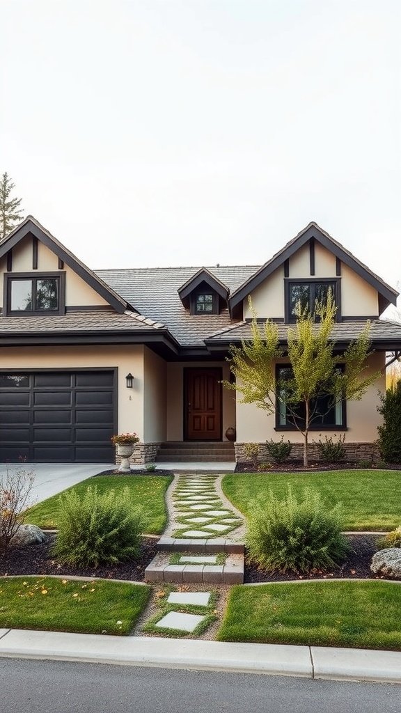 A modern house with distinctive rooflines and features from the 70s style, showcasing a gabled roof, stonework, and a welcoming pathway.