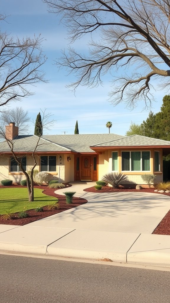 A mid-century modern house with a distinctive sloping roof, featuring a welcoming entrance and well-maintained landscaping.