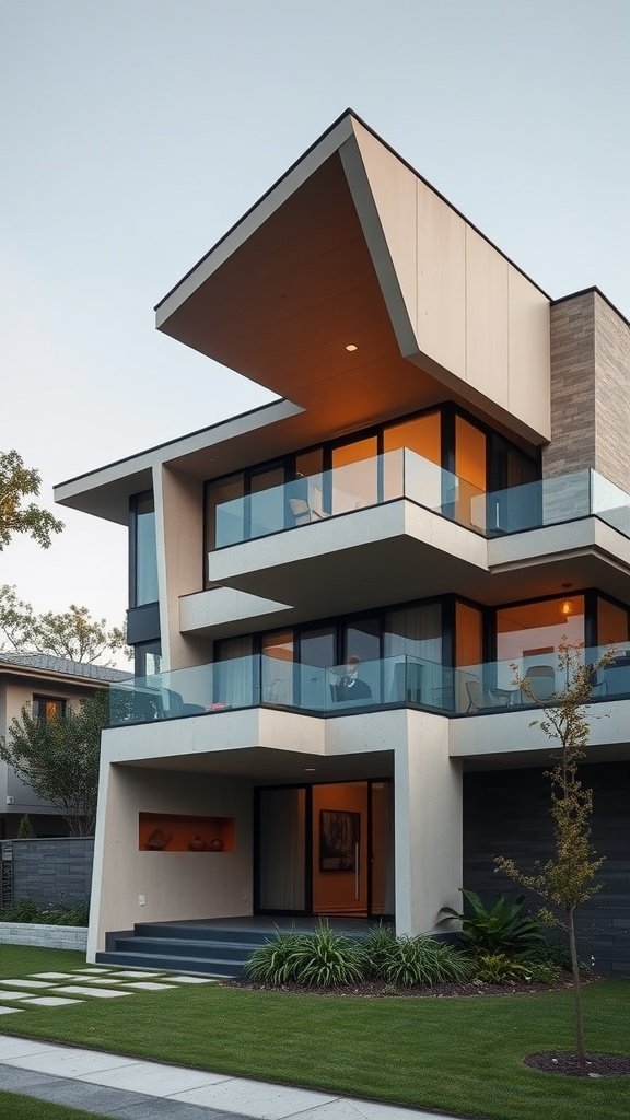 Contemporary house with dramatic architectural features, showcasing bold roofline and large glass panels.