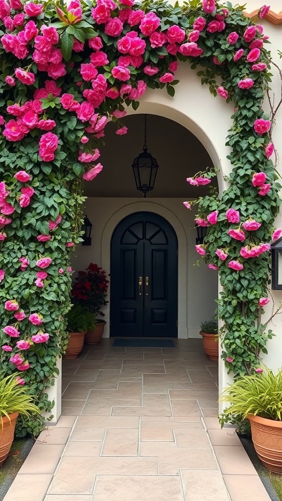 A charming entrance framed by pink flowers and climbing vines, featuring a blue door and potted plants.