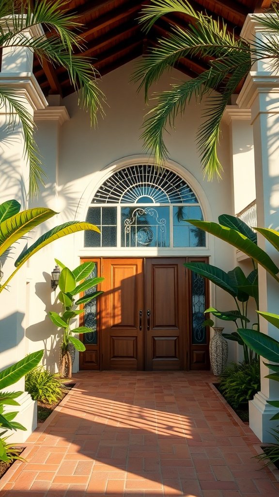 A tropical house entryway featuring wooden double doors, lush greenery, and terracotta tiles.