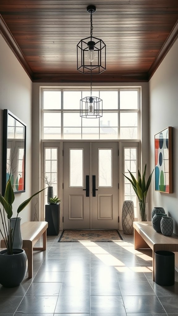 Stylish entryway in a modern house with wooden ceiling, large windows, and retro light fixtures