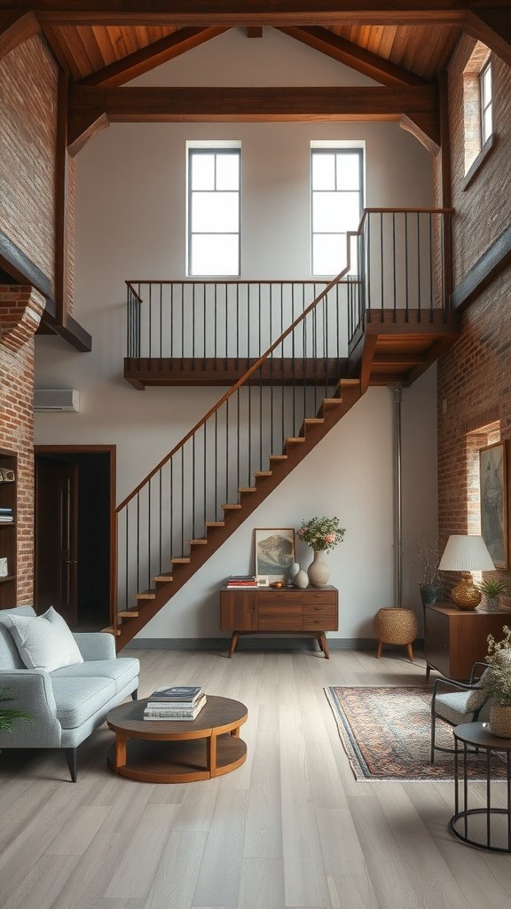 A modern loft interior featuring a wooden staircase, exposed brick walls, and stylish furnishings.