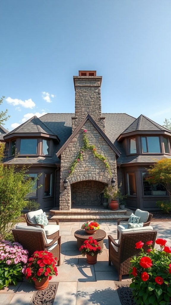 A charming house with a stone chimney and an elegant patio filled with flowers