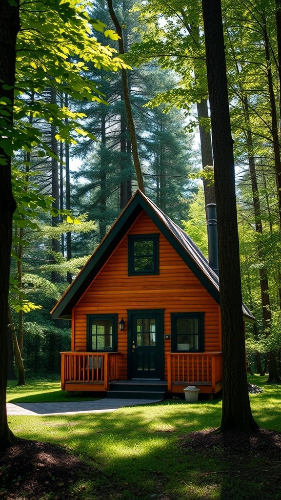 A charming orange A-frame tiny house surrounded by tall trees in a forest setting