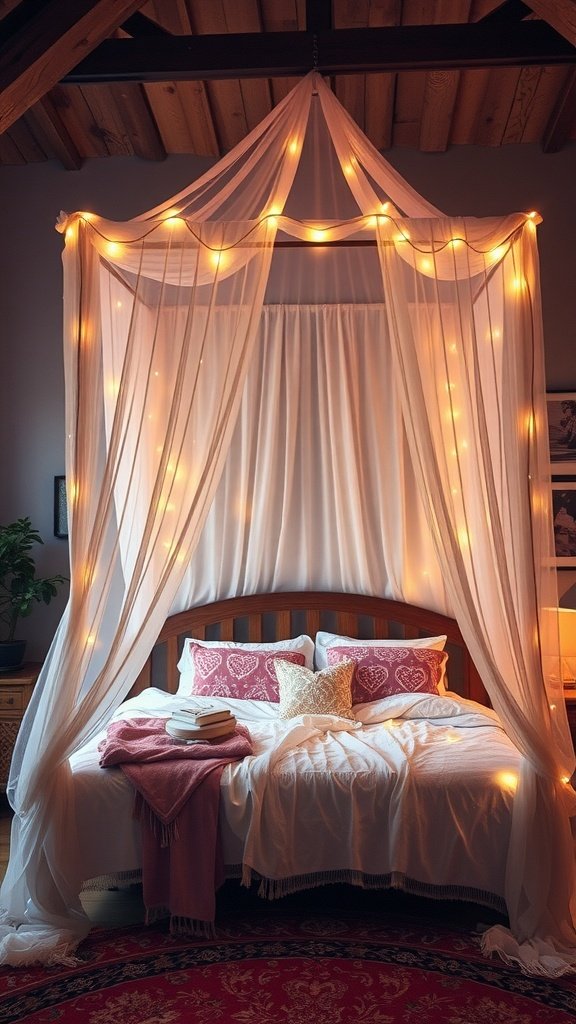 A cozy bedroom featuring a canopy bed with sheer curtains and twinkling lights, creating a dreamy atmosphere.