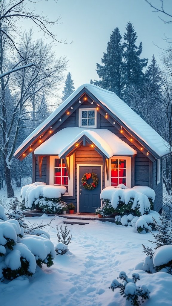 A cozy holiday cottage covered in snow, decorated with lights and a festive wreath.