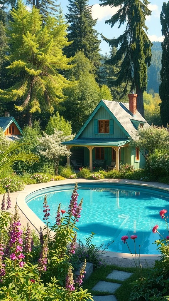 A picturesque cottage beside a clear blue pool surrounded by lush greenery and colorful flowers.