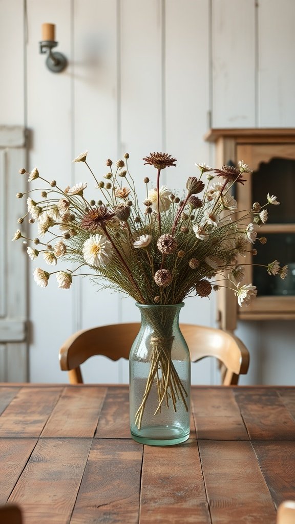 Dried flower arrangement in a glass vase on a wooden farmhouse table