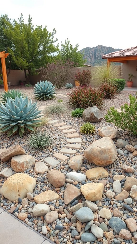 A drought-resistant garden featuring succulents and rocks, with a stone pathway.