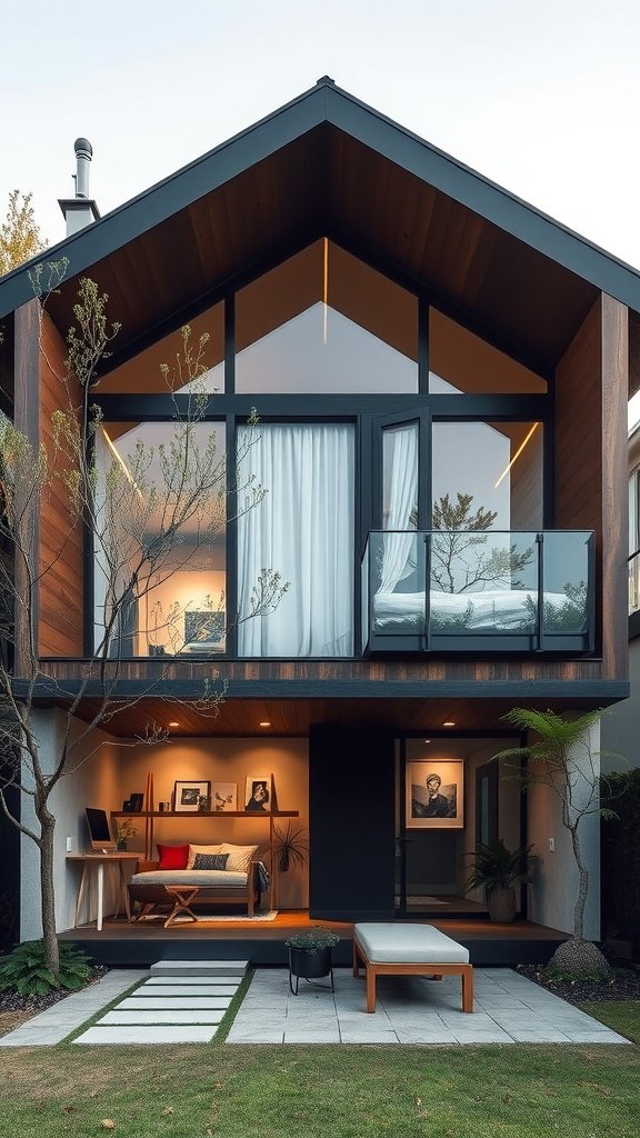 A modern two-story house with large glass windows and a cozy outdoor seating area.