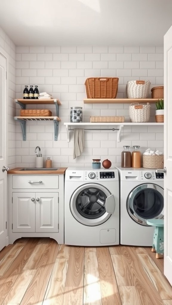 A cozy farmhouse laundry room featuring durable wood-like flooring, white cabinets, and open shelving with baskets.