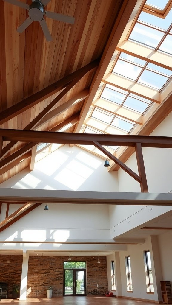Interior view of a loft apartment with wooden ceiling beams and skylights.