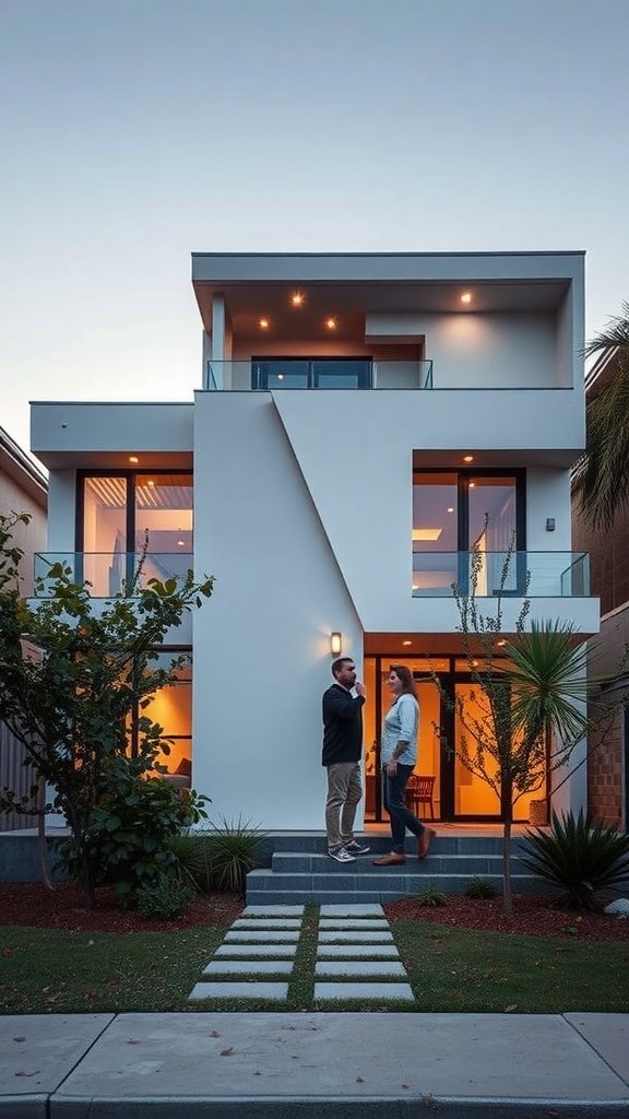 A modern house with a dynamic facade design, featuring sharp angles, large windows, and a welcoming entrance.