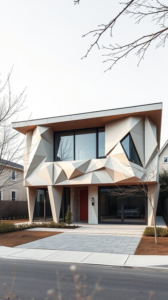 A contemporary house with a dynamic facade featuring geometric shapes and large windows.