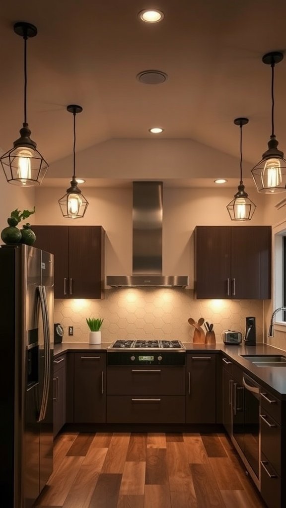 A modern loft kitchen featuring dynamic lighting with pendant lights and recessed ceiling lights.