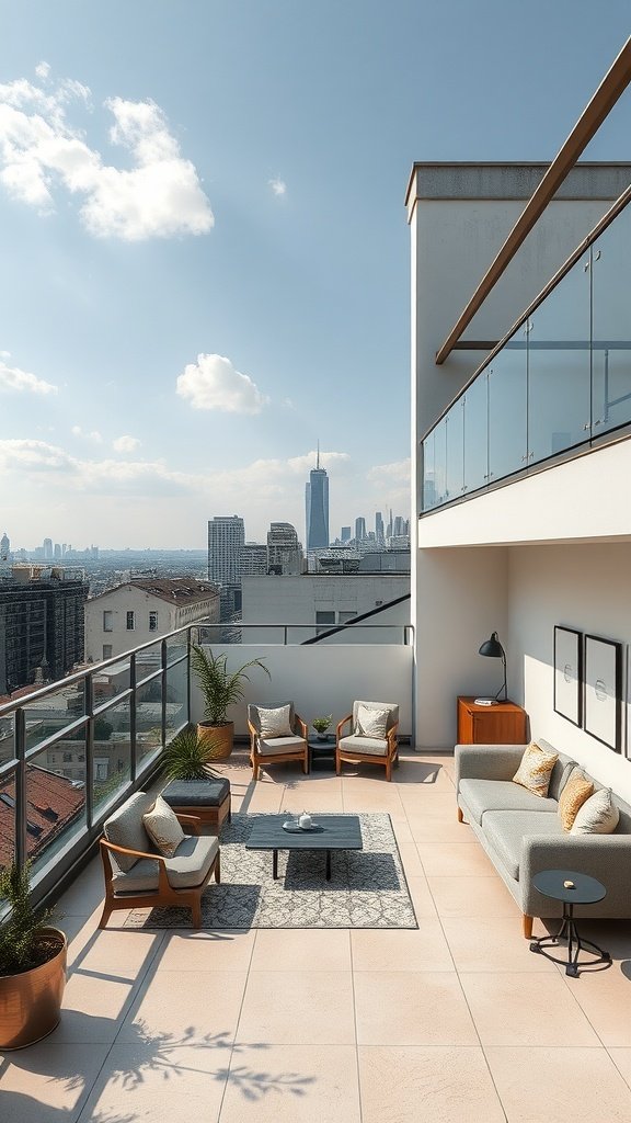 Outdoor terrace of a luxury penthouse featuring a cozy seating area and skyline views.
