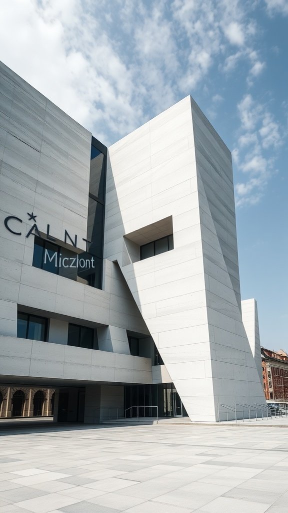 A modern building with dynamic shapes created from precast concrete, featuring bold angles and large windows.