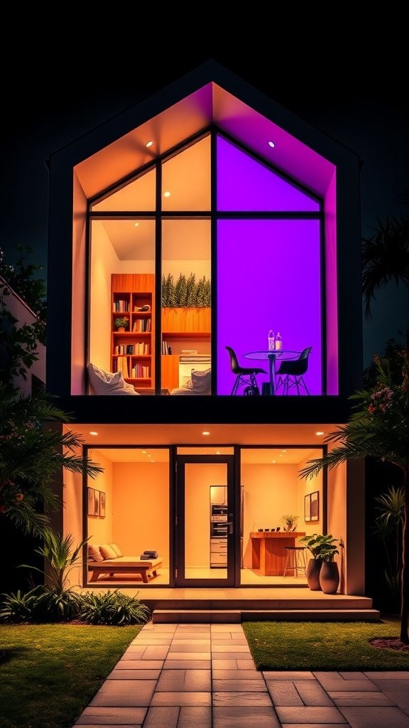 A modern house with purple-lit windows, showcasing a blend of color and texture.