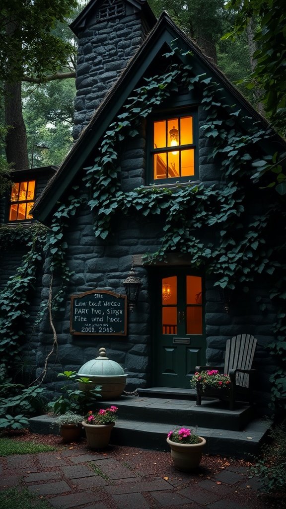 A dark stone cottage surrounded by greenery, featuring warm glowing windows and a welcoming porch.