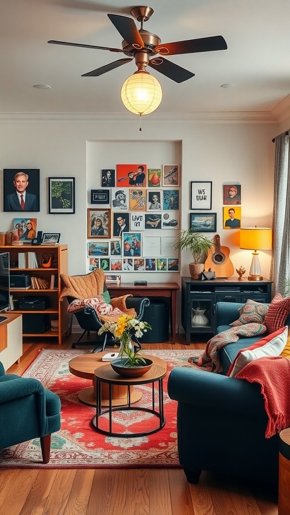 Cozy living room with eclectic accessories, featuring vibrant artwork, teal sofas, and a mix of furniture styles.