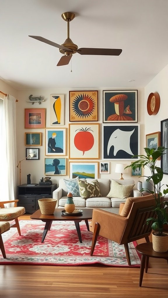 Living room with eclectic wall art, mid-century modern furniture, and a cozy atmosphere.