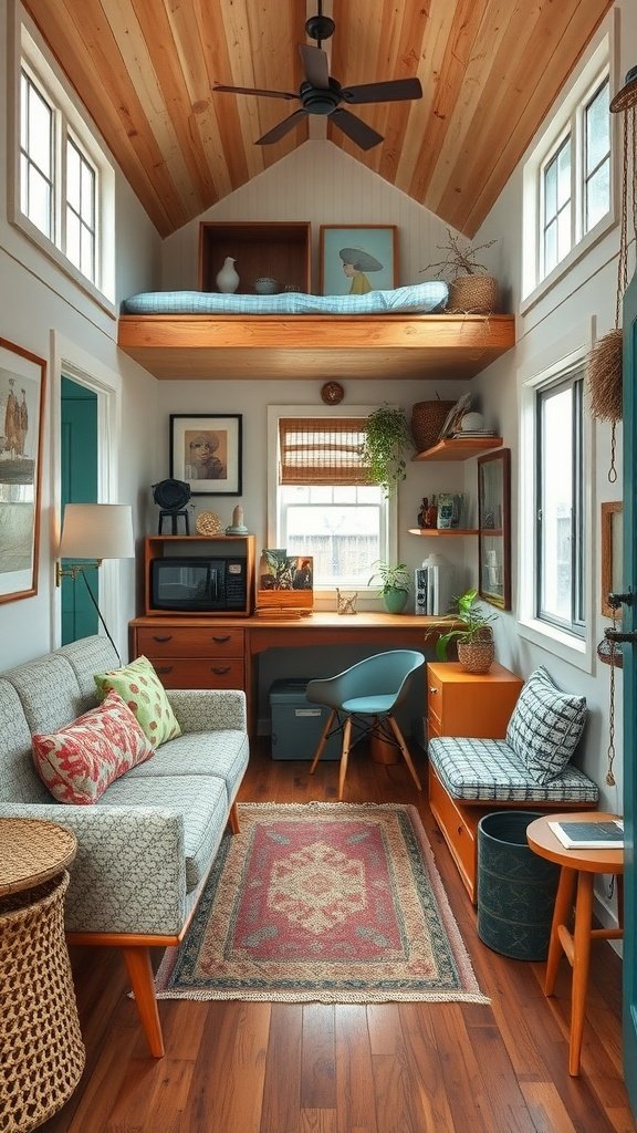 Interior of a mid-century modern tiny house featuring a cozy living area with eclectic decor.