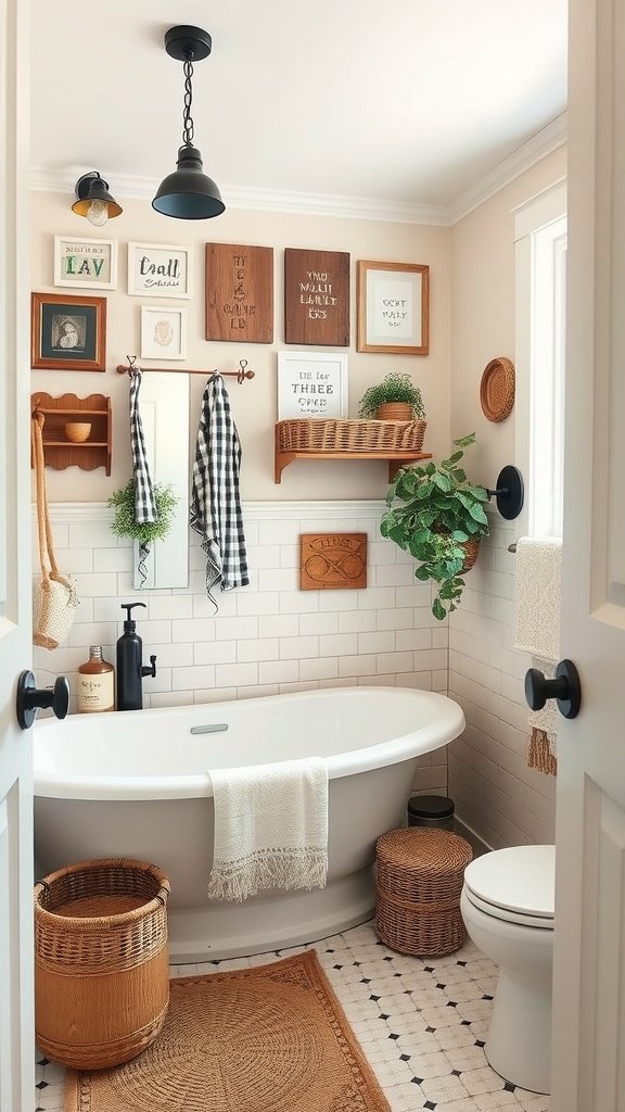 A stylish farmhouse bathroom with eclectic decor elements, including a gallery wall, woven baskets, and plants.