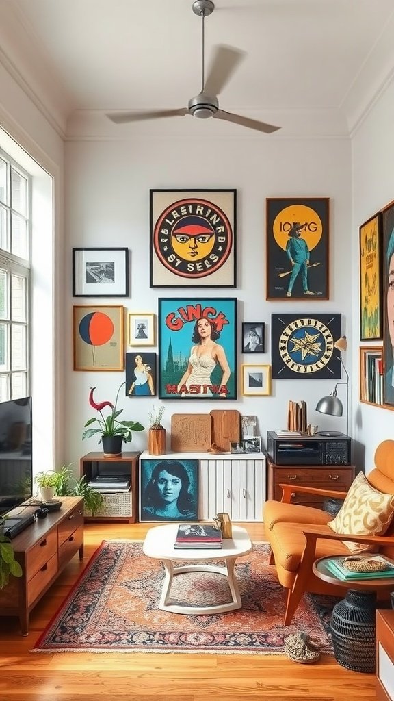 A cozy living room featuring eclectic 70s decor with vibrant artwork, wooden furniture, and a lush plant.