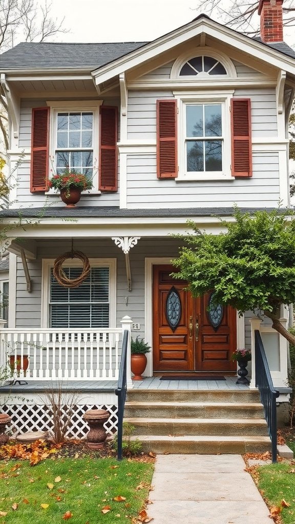 Charming house with gray siding and red shutters featuring intricate details and a welcoming porch.