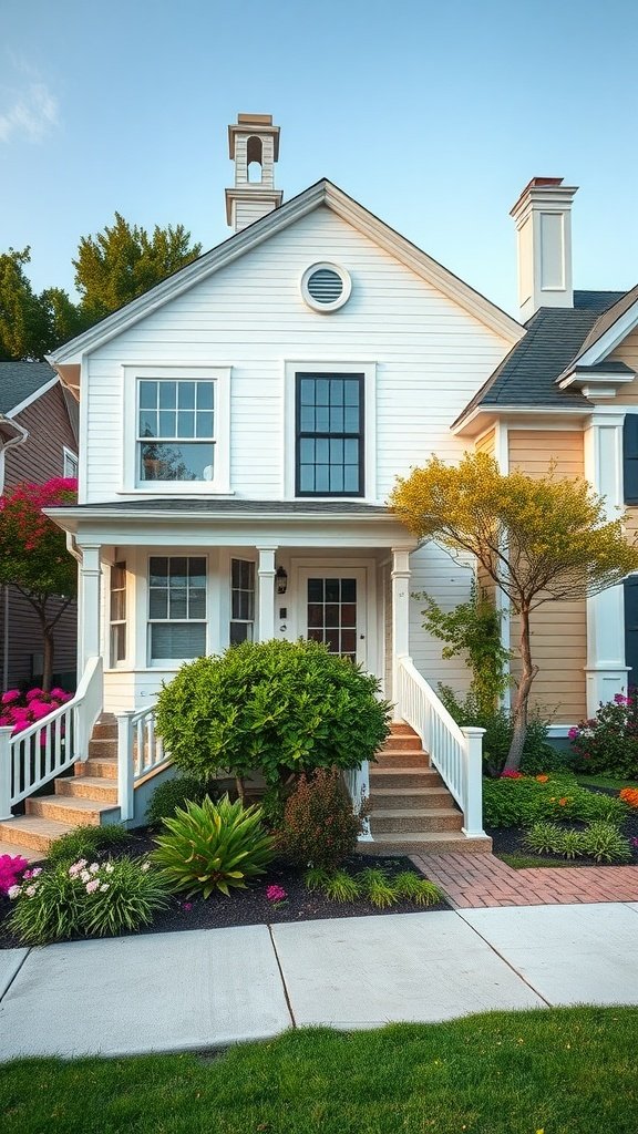 A charming white exterior home with a welcoming porch and lush garden