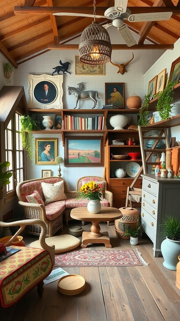 Cozy corner of an eclectic farmhouse with rattan furniture, artwork, and plants