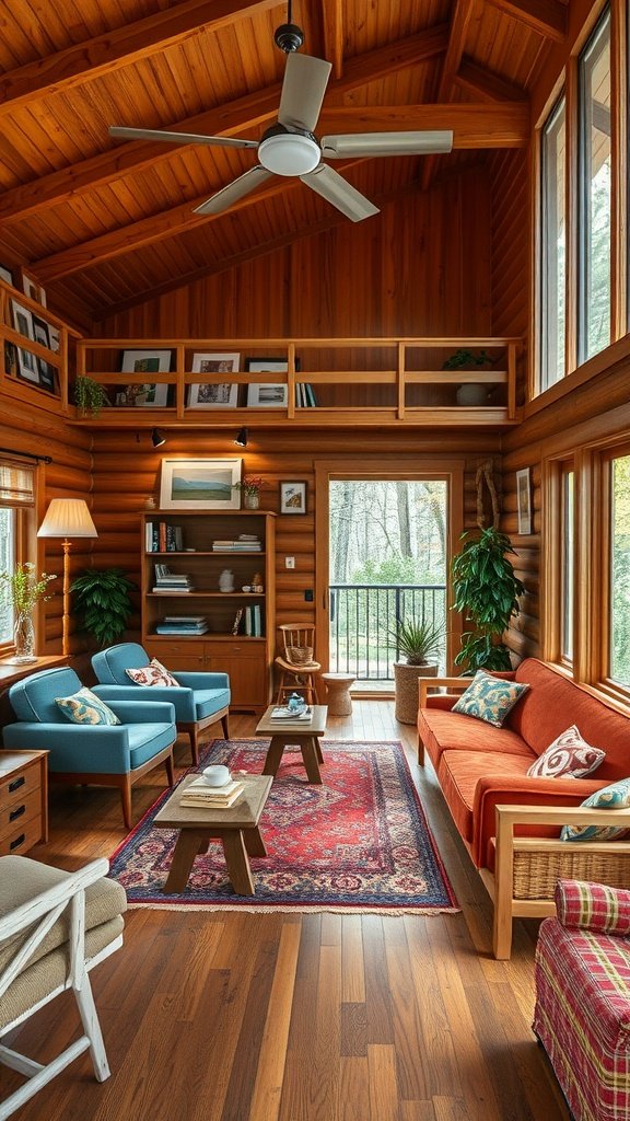 Cozy cabin interior featuring warm wooden walls, eclectic furniture, and large windows