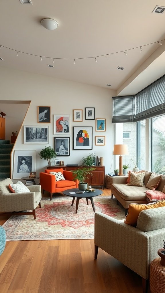 A cozy living room with an eclectic mix of furnishings, featuring orange chairs, cozy couches, a coffee table, and a wall filled with various artworks.