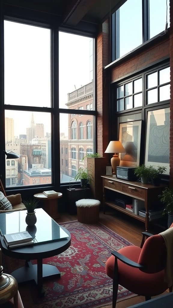 A stylish loft in the Bowery with large windows showcasing a city view, featuring eclectic furniture and decor.