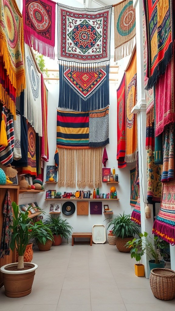Colorful textile wall hangings in a bohemian-inspired bedroom