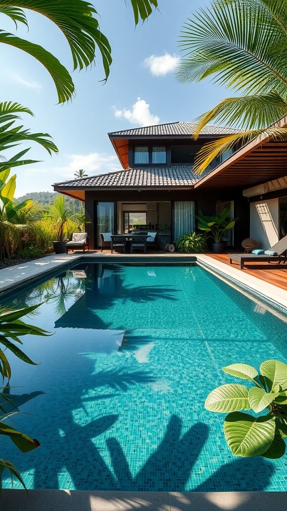 A modern tropical house with a pool surrounded by lush greenery