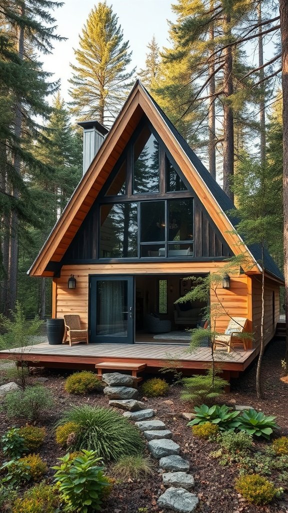An eco-friendly A-frame house surrounded by tall trees and a landscaped garden.