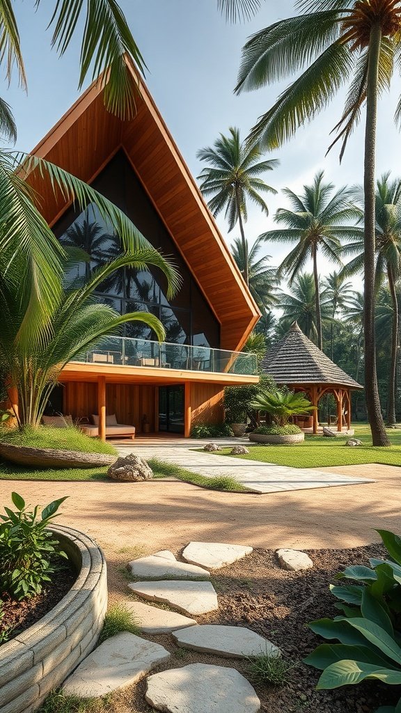 A modern tropical house with wooden structure and large windows, surrounded by palm trees and landscaped garden.