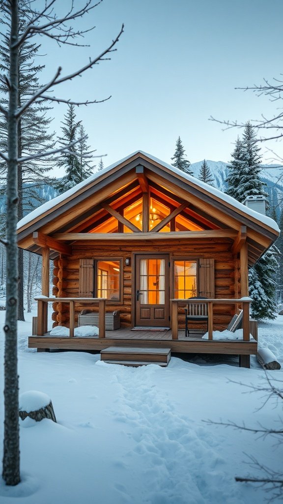 A cozy eco-friendly log cabin in a snowy landscape, featuring warm lights in the windows and surrounded by trees.