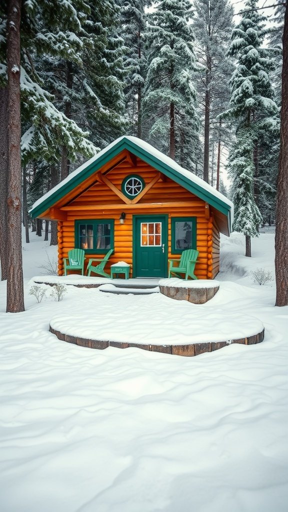 A cozy eco-friendly cabin with green accents surrounded by snow-covered trees.