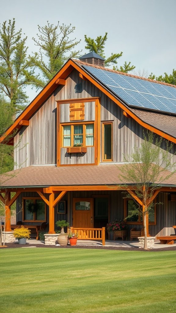 A modern barn house featuring solar panels, wooden accents, and landscaped garden.
