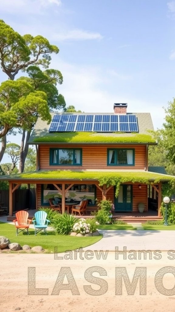 A cozy eco-friendly home with solar panels and lush greenery