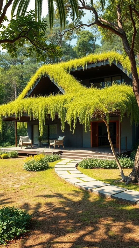 Eco-friendly home with a green roof, surrounded by a landscaped garden and stone pathway.