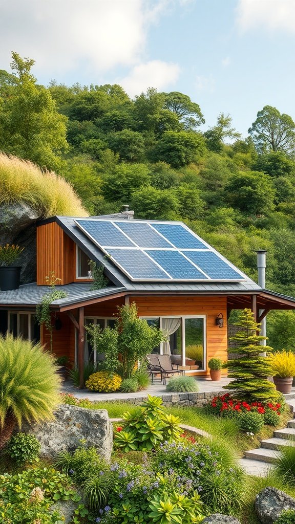 Eco-friendly hillside home with solar panels and a beautiful garden