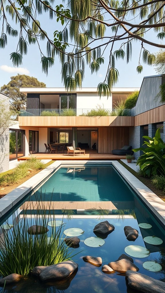 An eco-friendly modern house with a natural pool integrated into the landscape, featuring rocks and aquatic plants.
